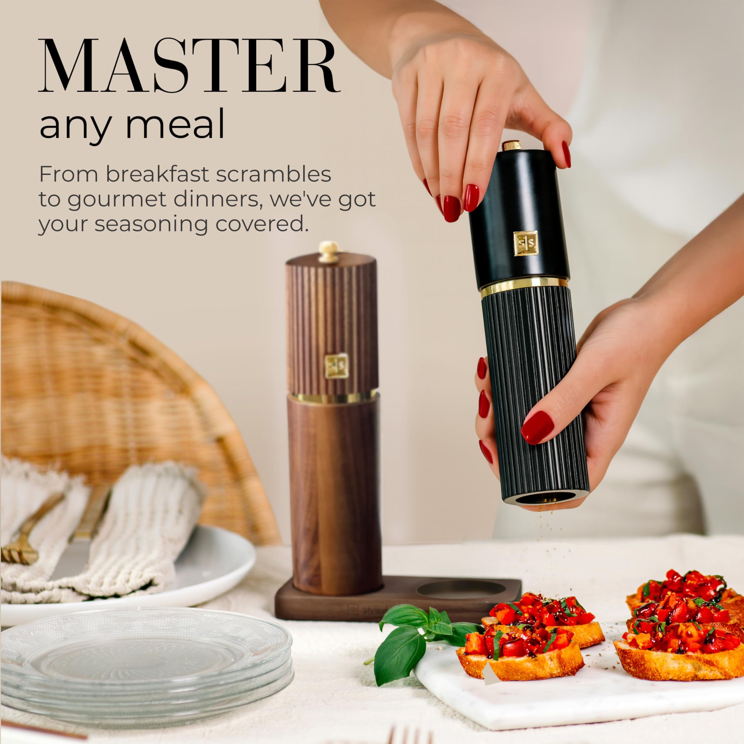 STYLED SETTINGS salt and pepper grinders on serving table, improves meal presentation