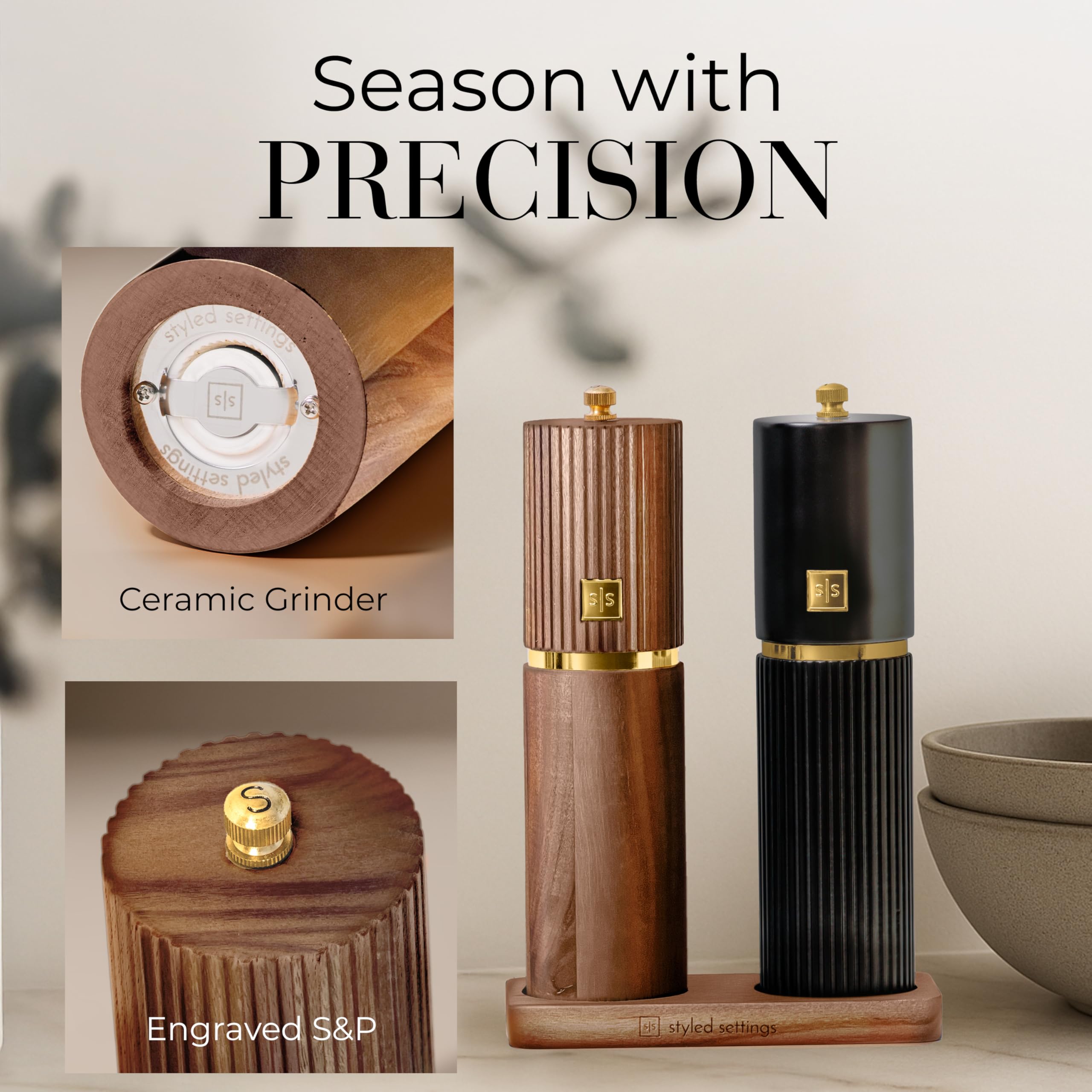 STYLED SETTINGS wooden stand holding both mills, keeps seasonings organized