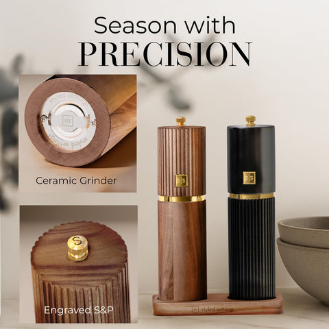 STYLED SETTINGS wooden stand holding both mills, keeps seasonings organized