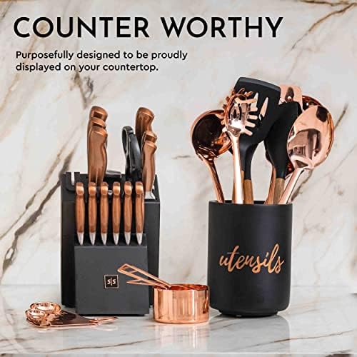 STYLED SETTINGS six copper steak knives aligned, matching table-ready set