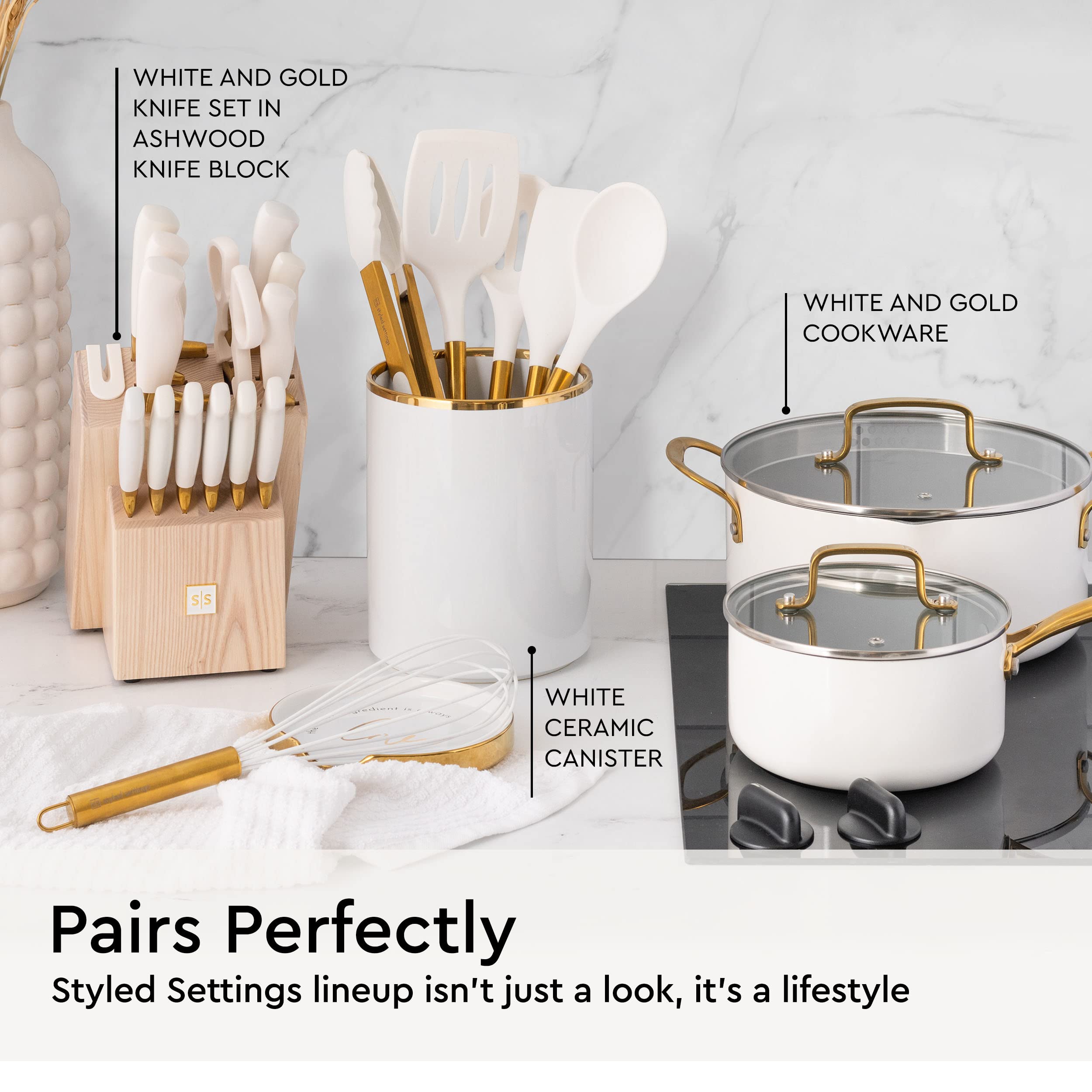 STYLED SETTINGS utensils arranged in a white holder for neat storage and countertop styling