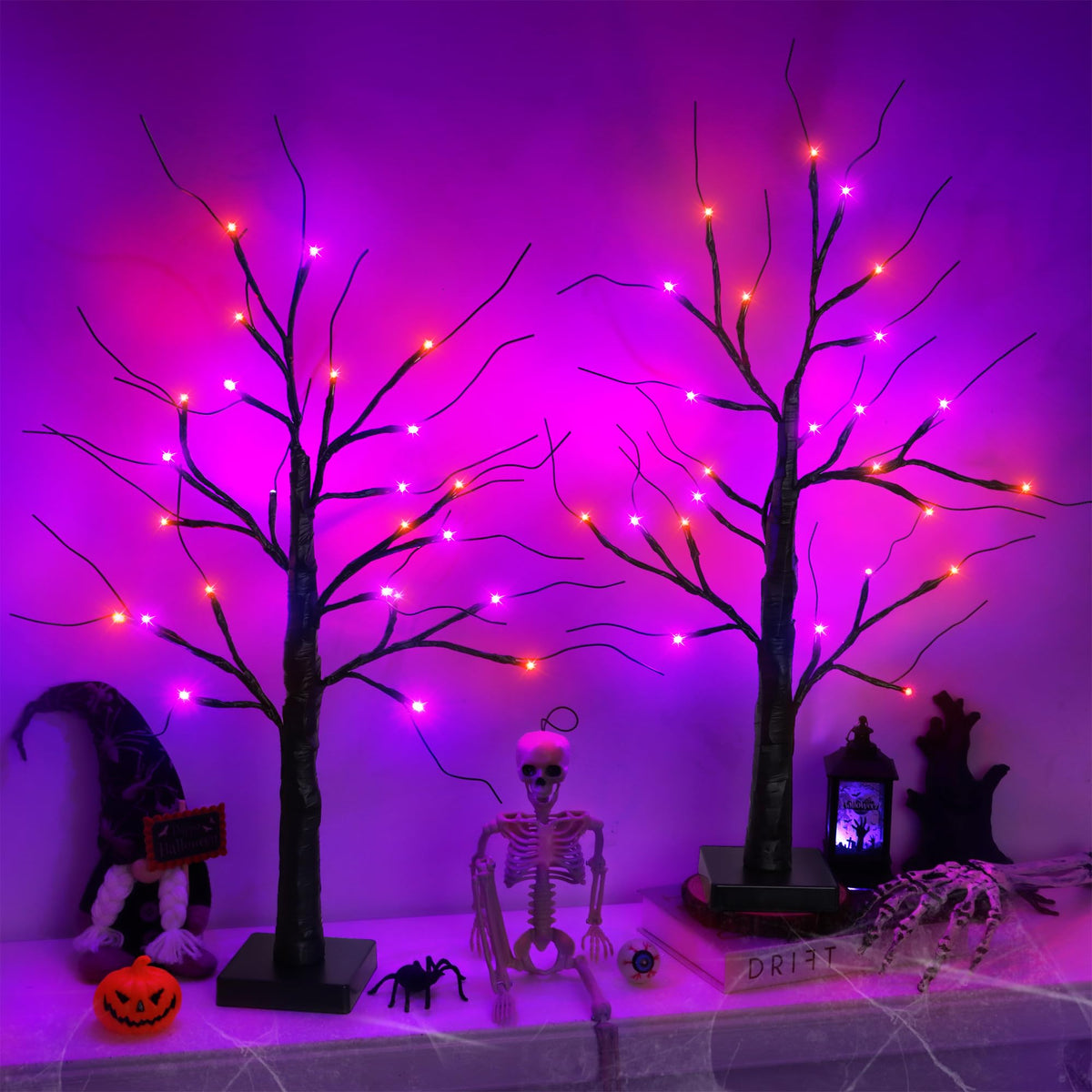 StzMamil front view of two black Halloween trees showing benefits of pair setup