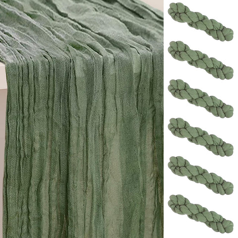 SuBleer front view of sage green cheesecloth runner showing soft drape and color