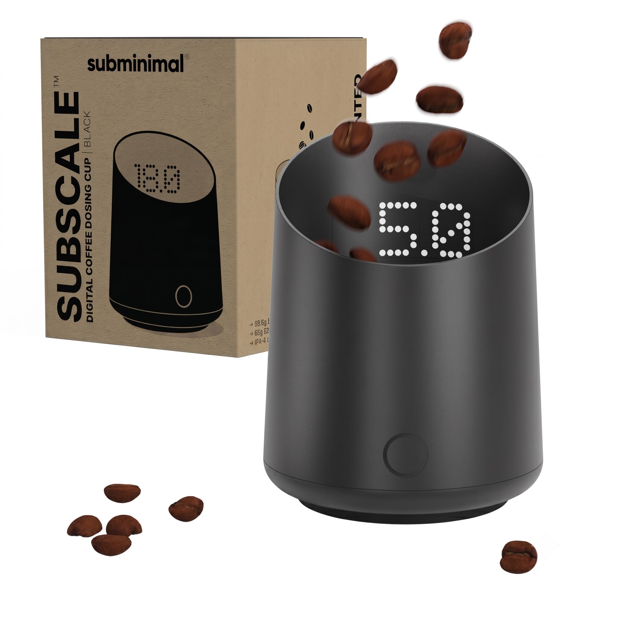 Subminimal SubScale front view showing compact dosing cup and matte black finish for neat counters