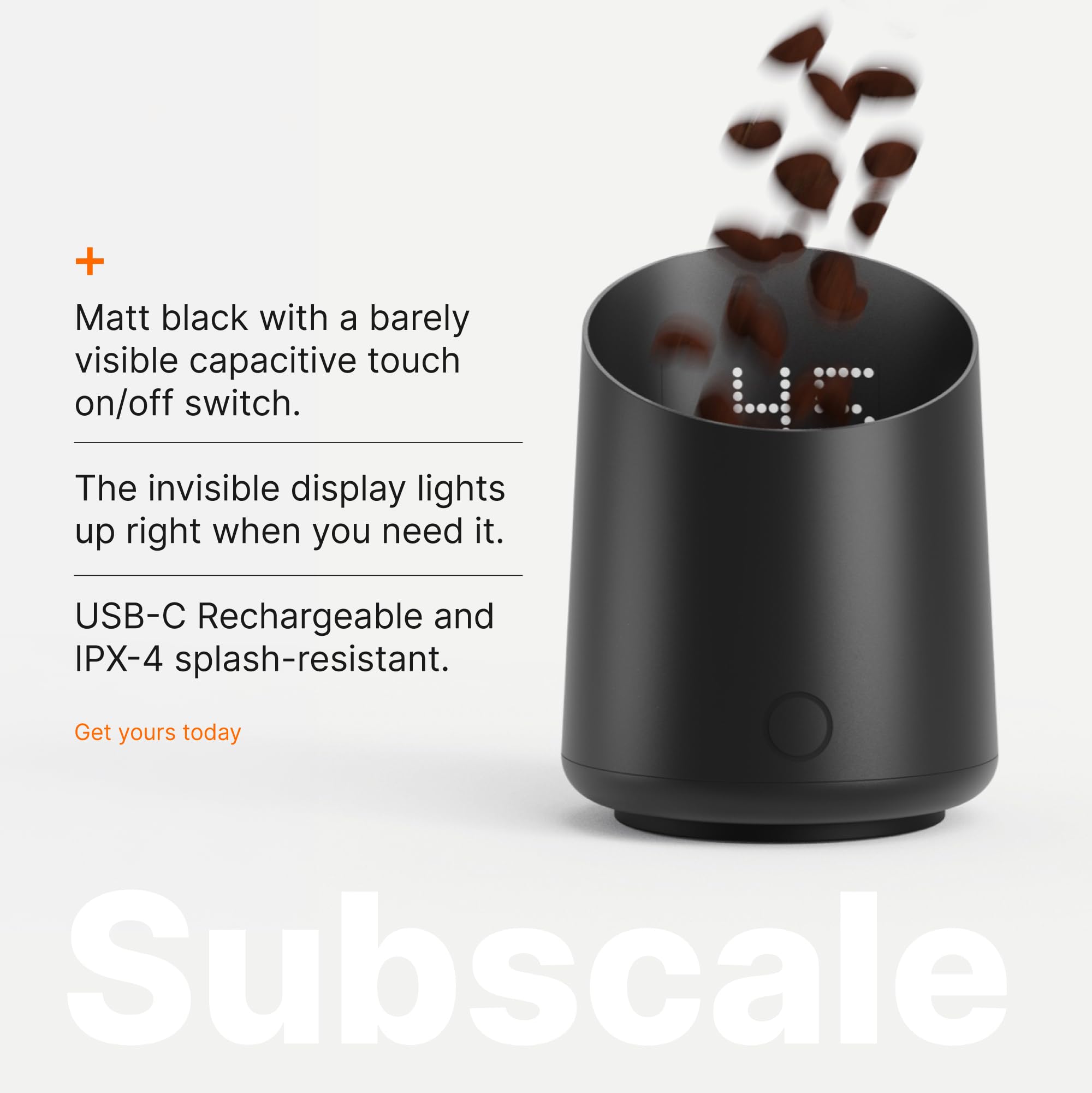 Subminimal SubScale in use while dosing coffee grounds for faster, cleaner transfers