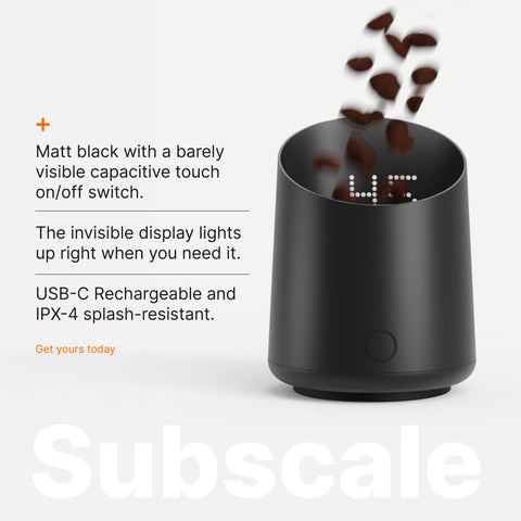 Subminimal SubScale in use while dosing coffee grounds for faster, cleaner transfers