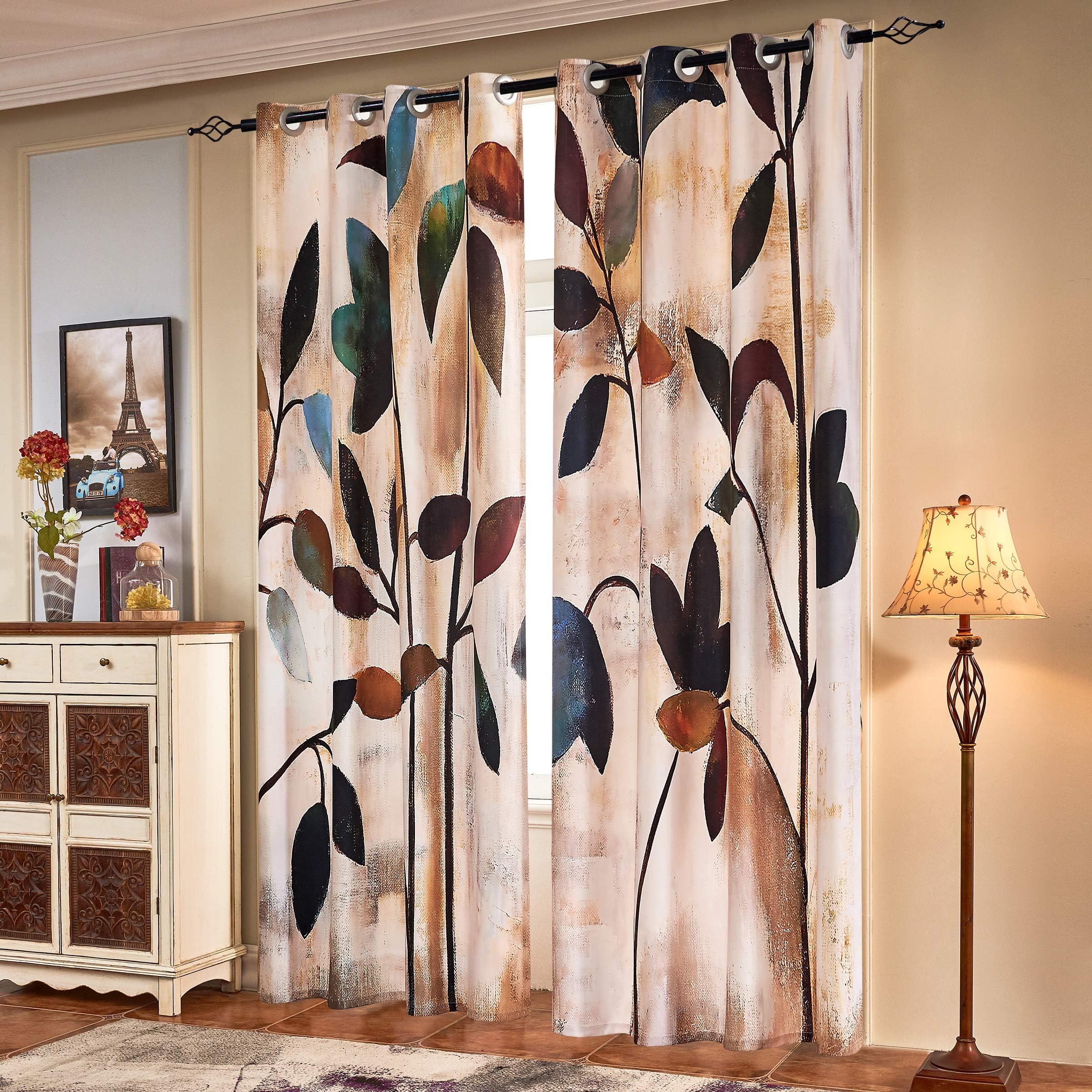 SUBRTEX front view of brown leaf floral curtains showing full drape and ambiance