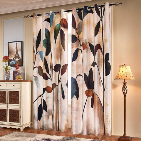 SUBRTEX front view of brown leaf floral curtains showing full drape and ambiance