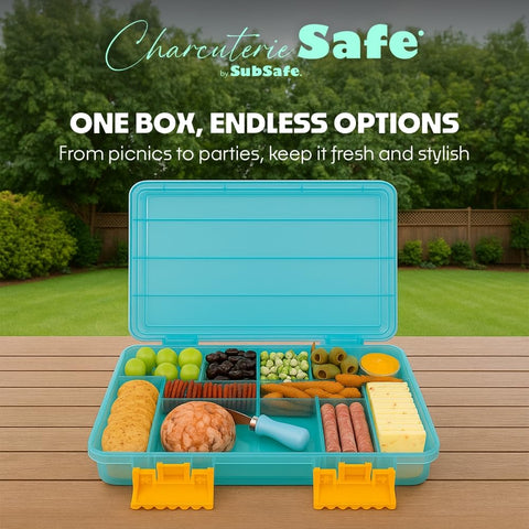 SubSafe charcuterie safe close-up of leak-proof mini containers and included cheese knife