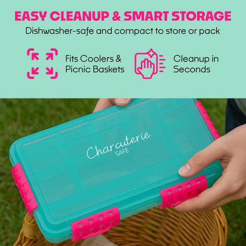 SubSafe charcuterie safe open displaying dividers arranged for separate snacks and freshness