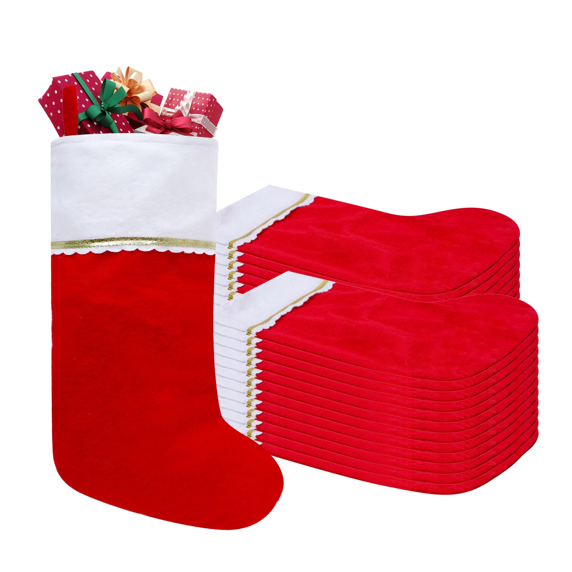 Subyan front view of 24-pack felt stockings showing neat red design and value