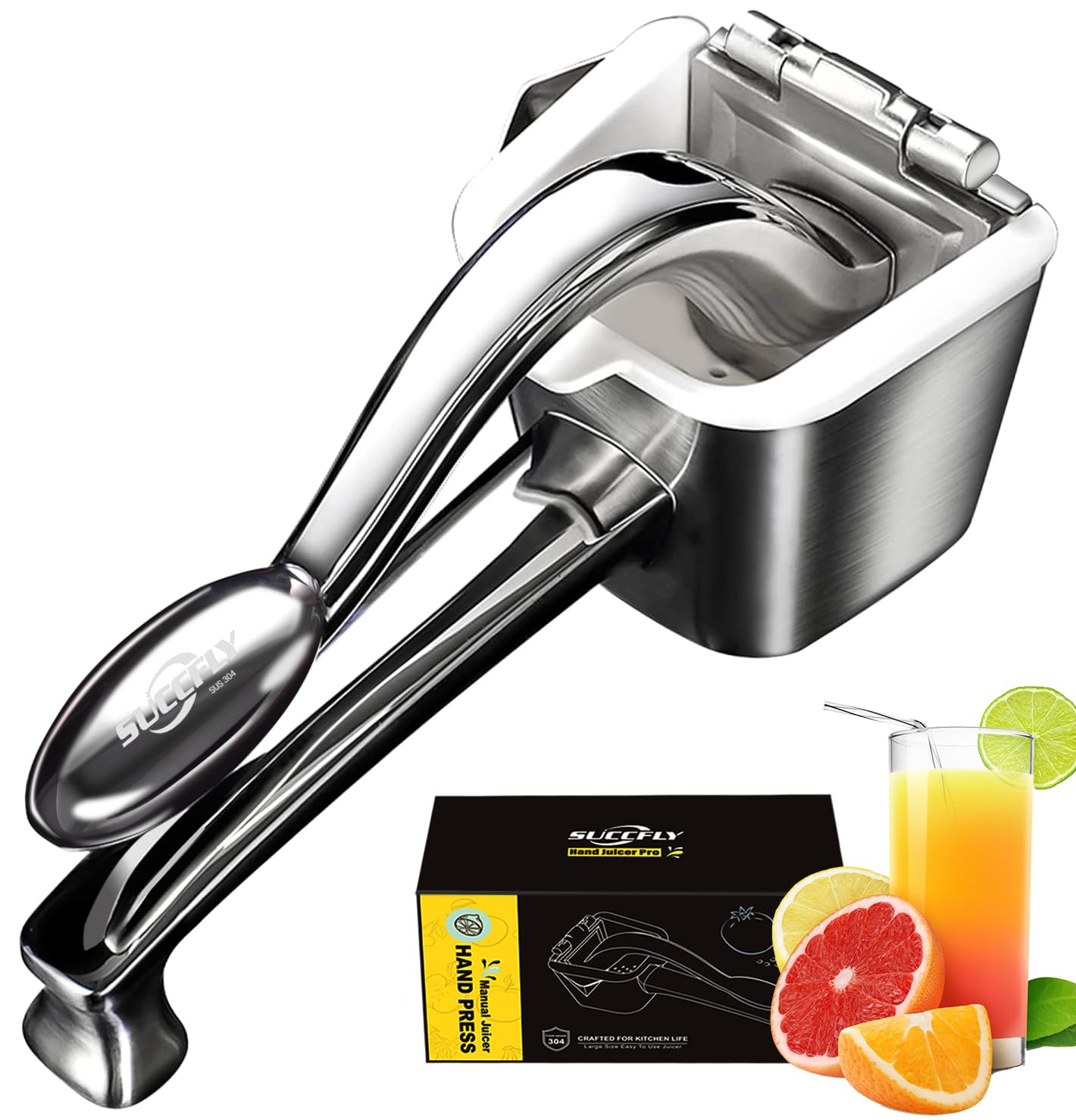 SUCCFLY front view of stainless citrus juicer showing sturdy design and efficient extraction
