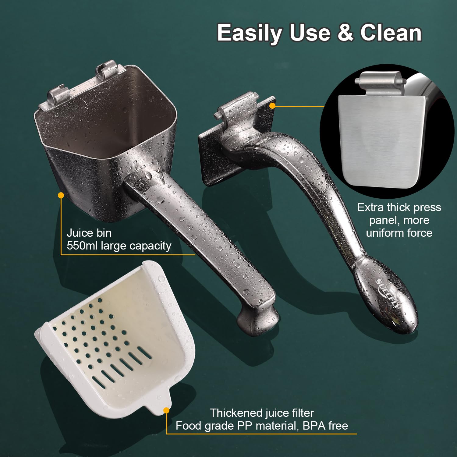 SUCCFLY juicer in a kitchen with a poured glass of juice showing fresh serving convenience