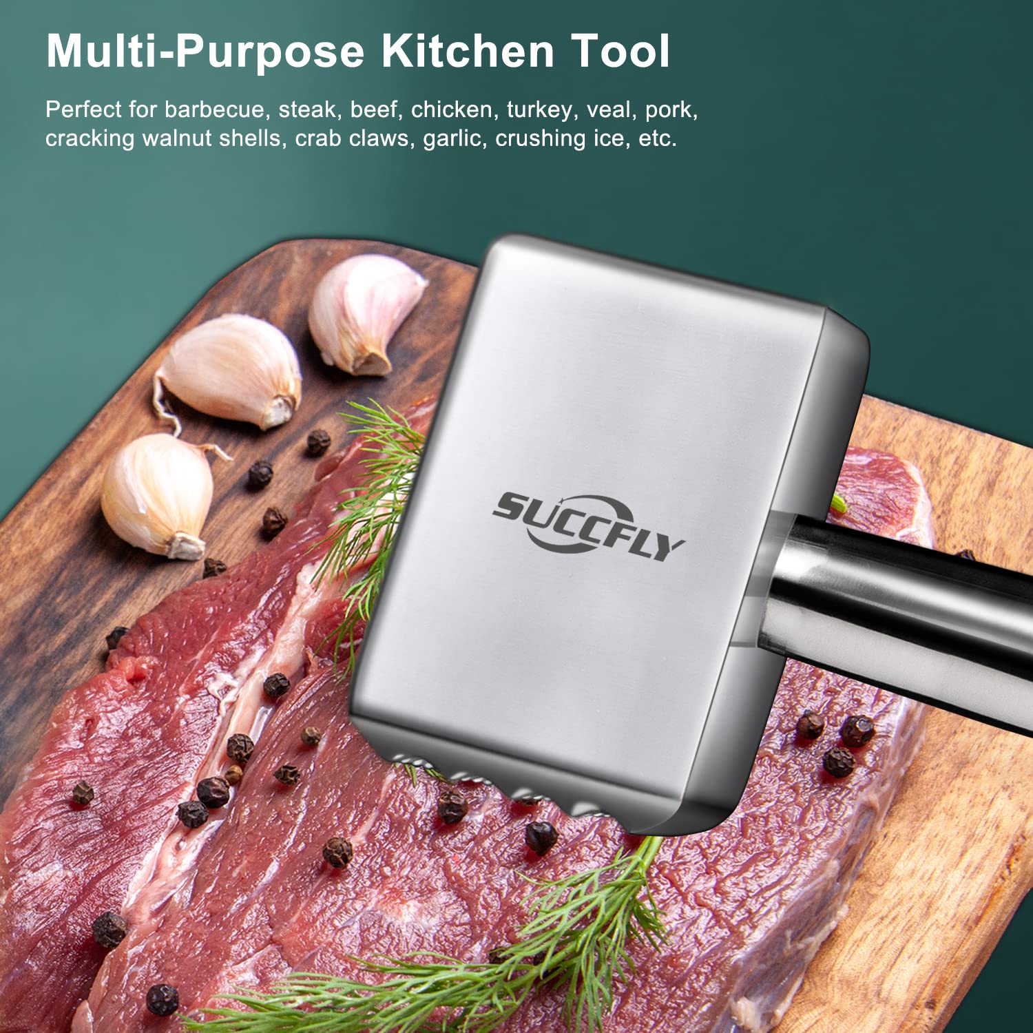 SUCCFLY mallet in use on steak showing faster, more even seasoning benefit