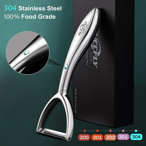 SUCCFLY close-up of swiveling 420J2 blade highlighting sharp edge for thin peels