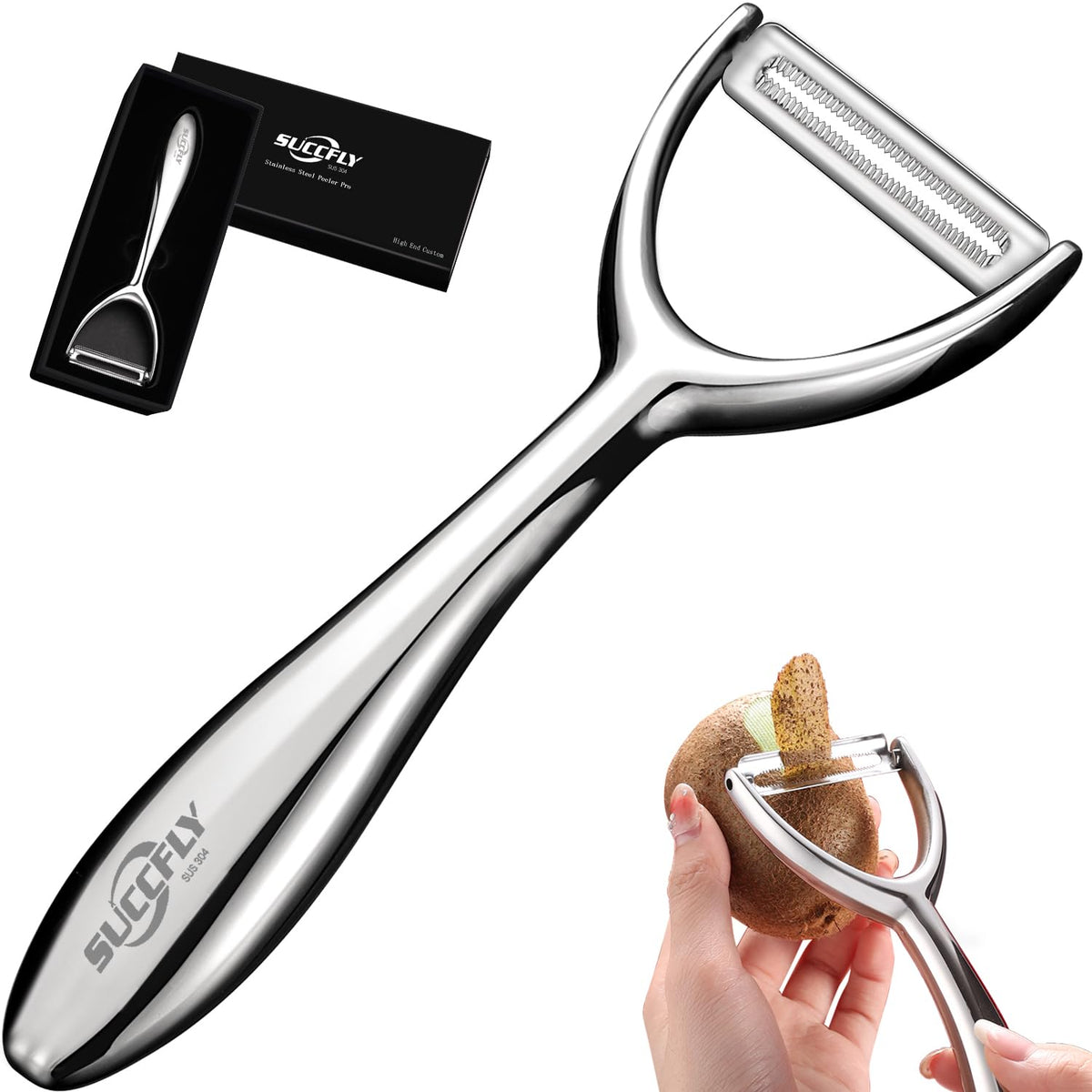 SUCCFLY peeler front view showing stainless steel body and Y-shaped head, durable design
