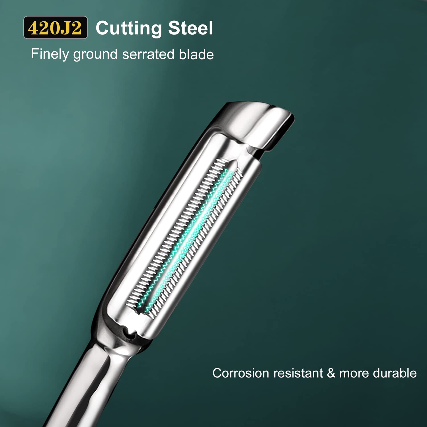 SUCCFLY peeler in use on apple showing smooth peeling and reduced waste benefit