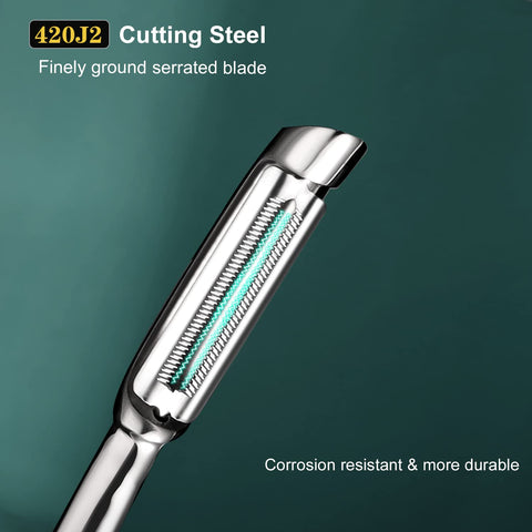 SUCCFLY peeler in use on apple showing smooth peeling and reduced waste benefit