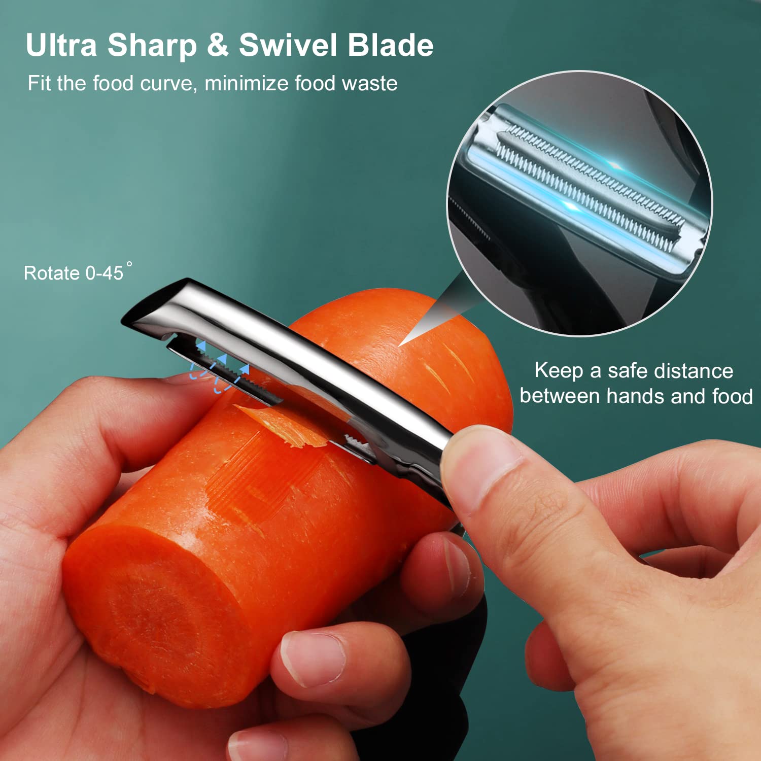 SUCCFLY serrated blade peeling a tomato demonstrating gentle grip on soft skin benefit
