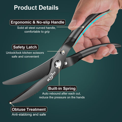 SUCCFLY shears in use cutting a chicken showing efficient kitchen prep