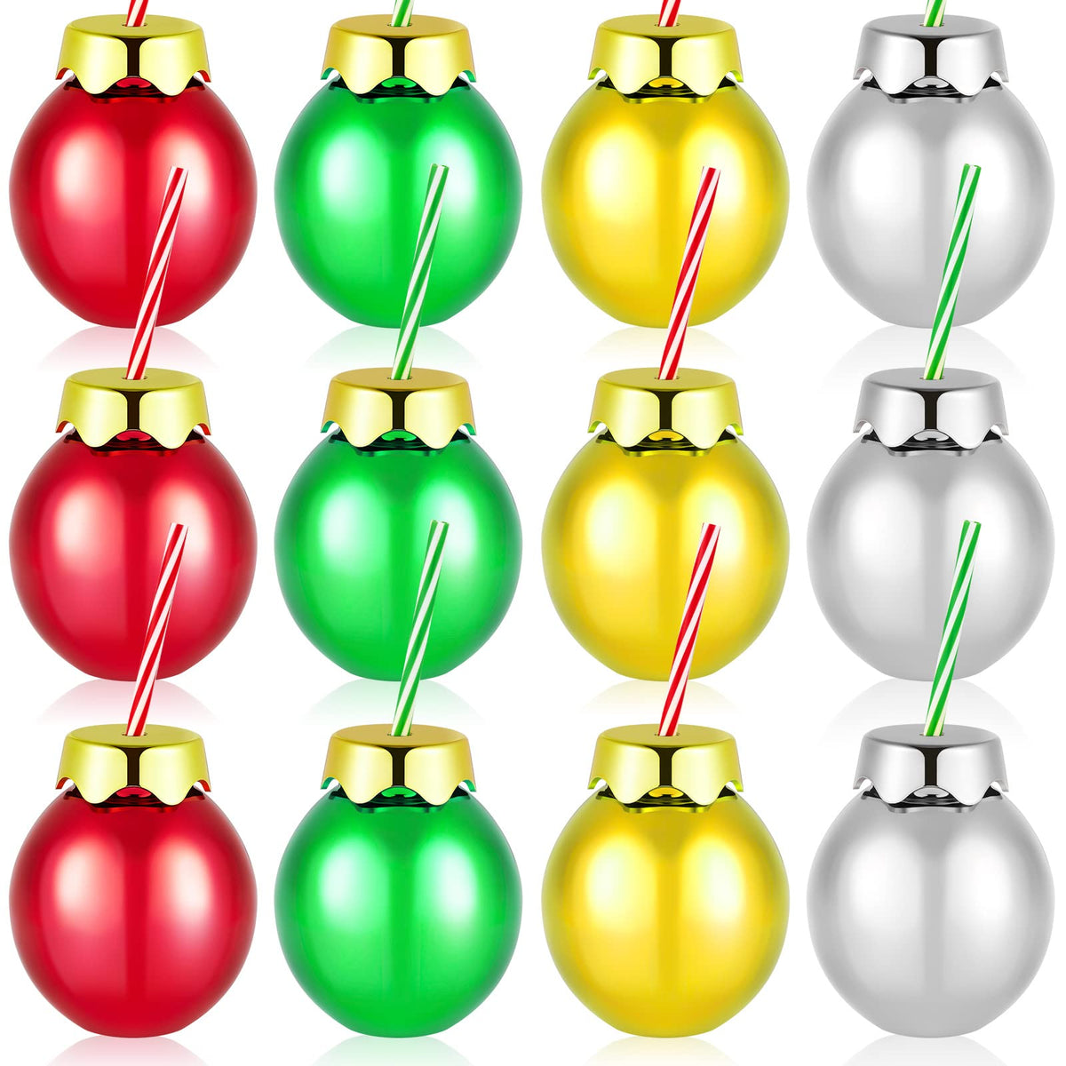 Suclain front view of 12 metallic ball cups showing festive colors and coordinated set benefit