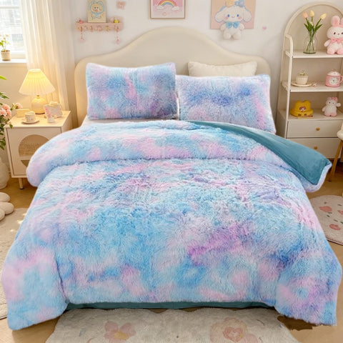SUCSES front view of duvet cover set showing tie-dye plush and color impact