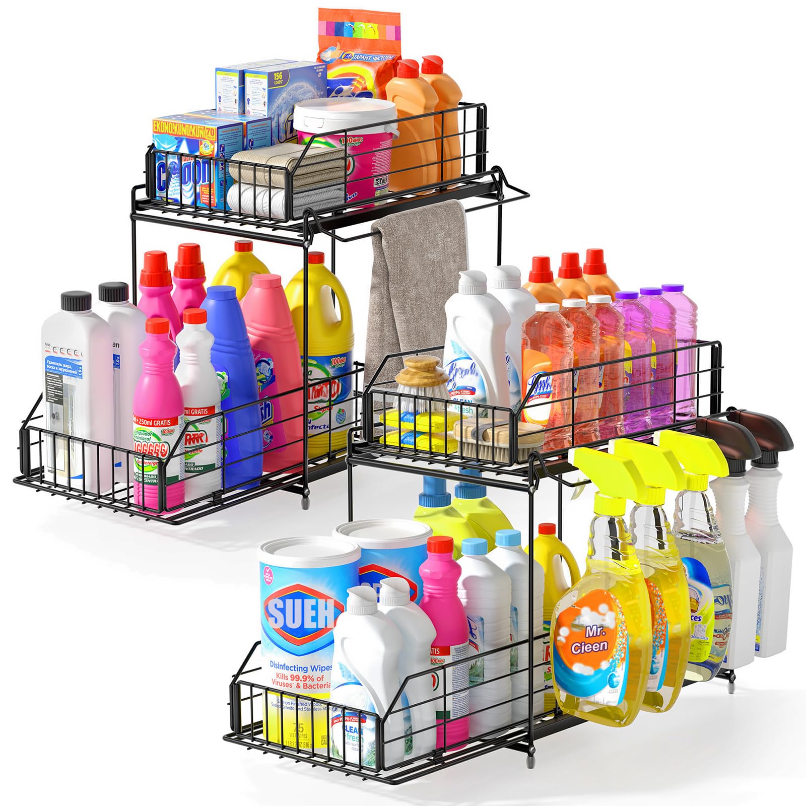 SUEH DESIGN front view of two under sink organizers showing tidy storage benefit