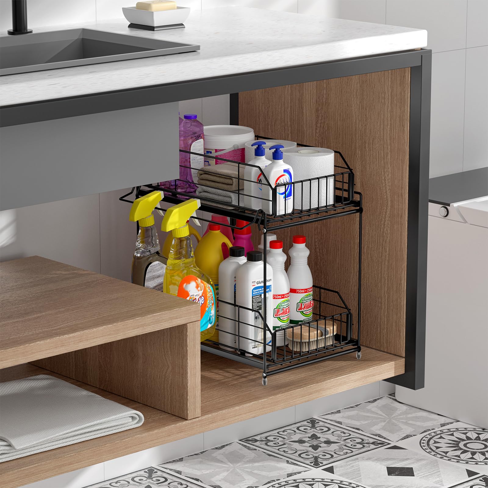 SUEH DESIGN installed under kitchen sink showing organized cabinet and space saving