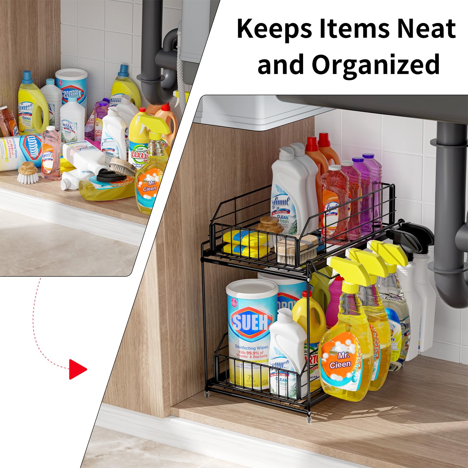 SUEH DESIGN open drawers displaying bottles and boxes for easy access benefit