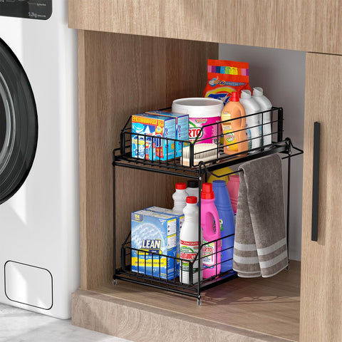 SUEH DESIGN organizer beside full-size cleaner bottle showing scale and capacity benefit