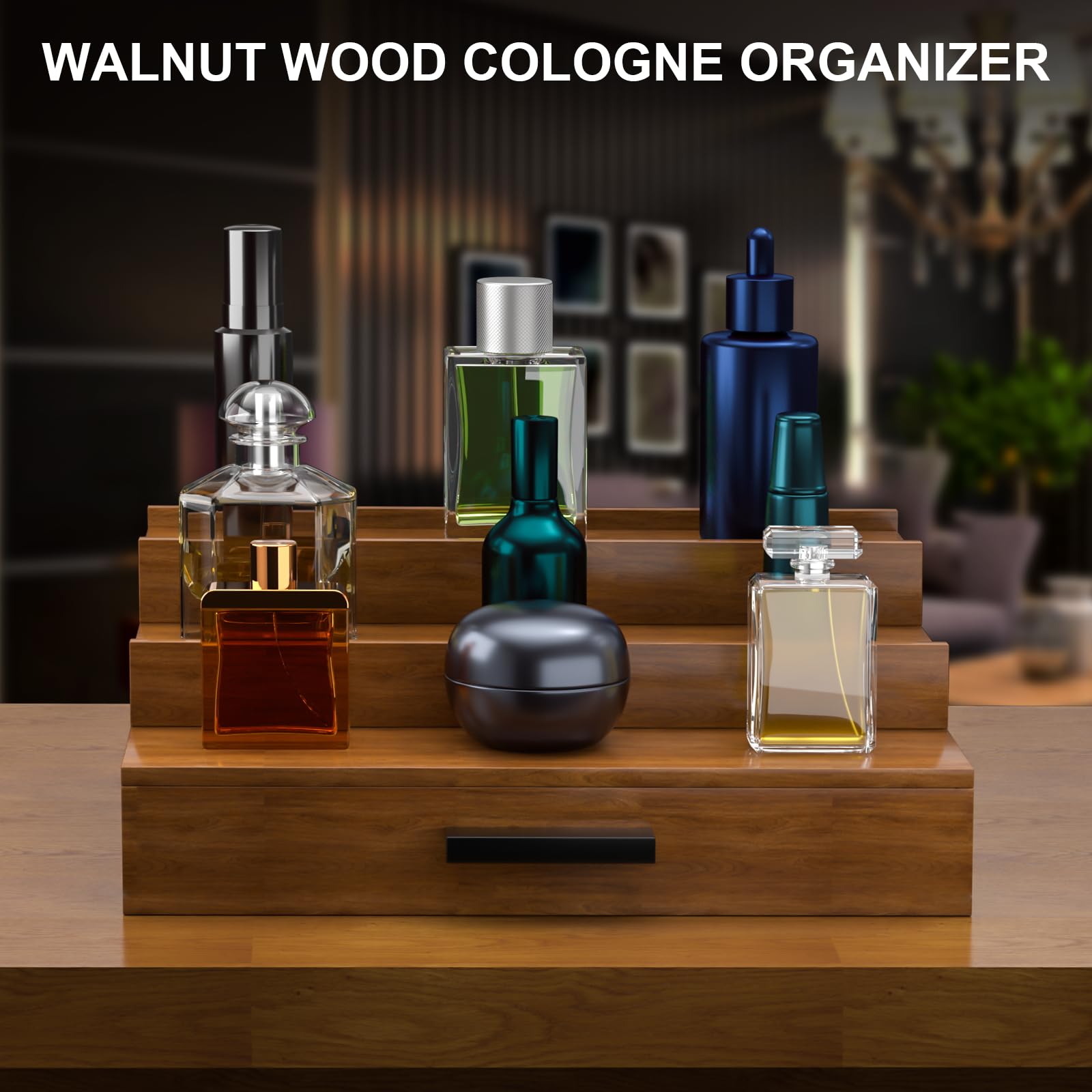 Sueuapp walnut bedroom lifestyle styled on dresser for polished organization benefit