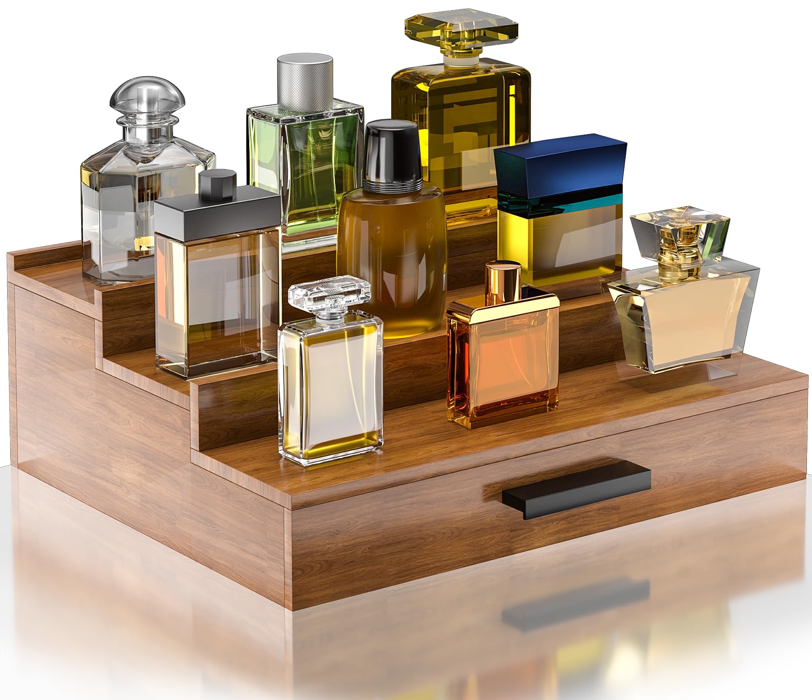 Sueuapp walnut front view showing elegant three-tier display and organized bottles