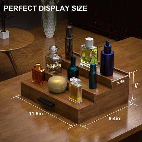 Sueuapp walnut with cologne bottles demonstrating neat display and easy access