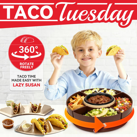 SugarWhisk top view of rotating compartments organizing multiple taco toppings for sharing