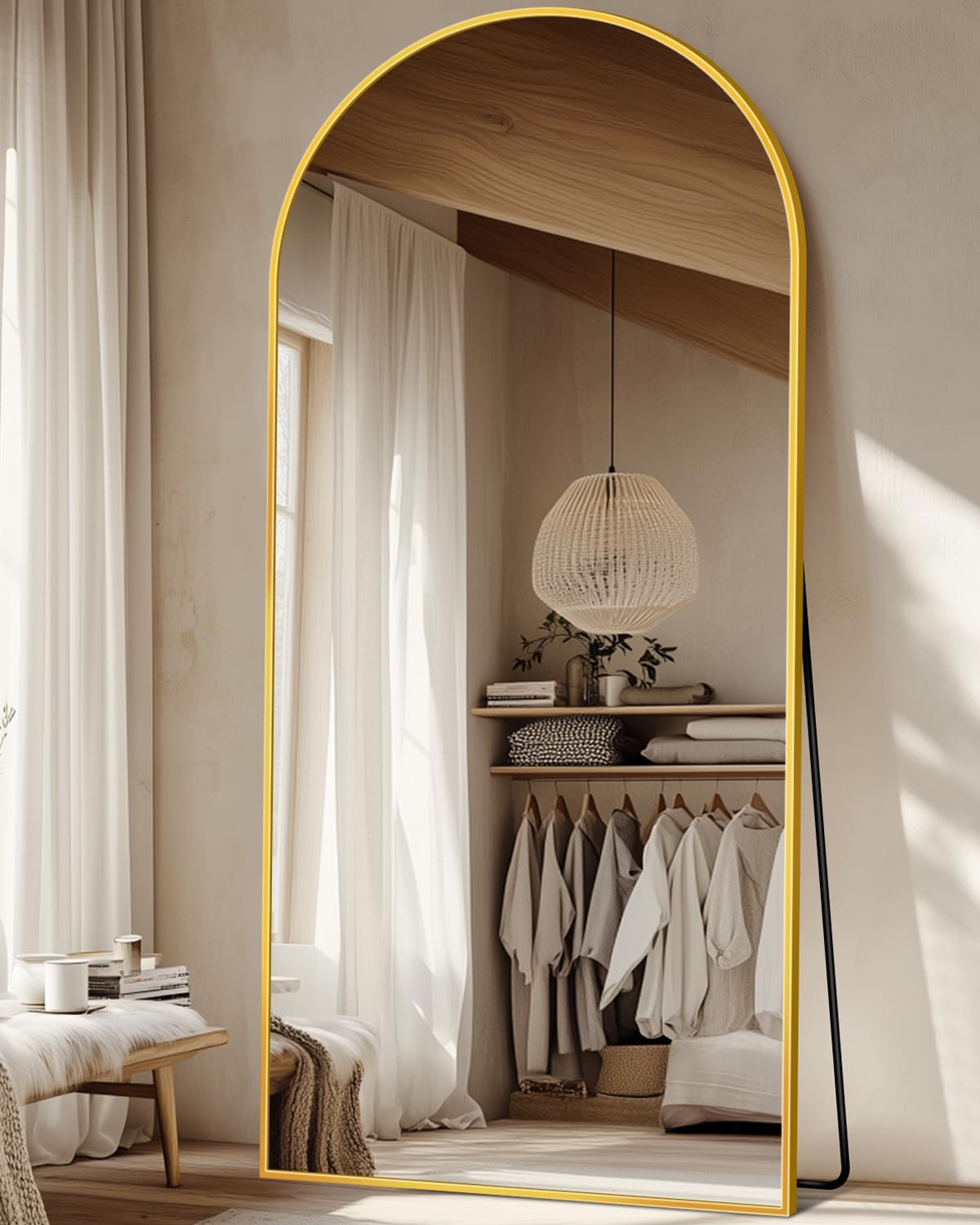 Suidia front view of gold arched full-length mirror, elegant reflection benefit