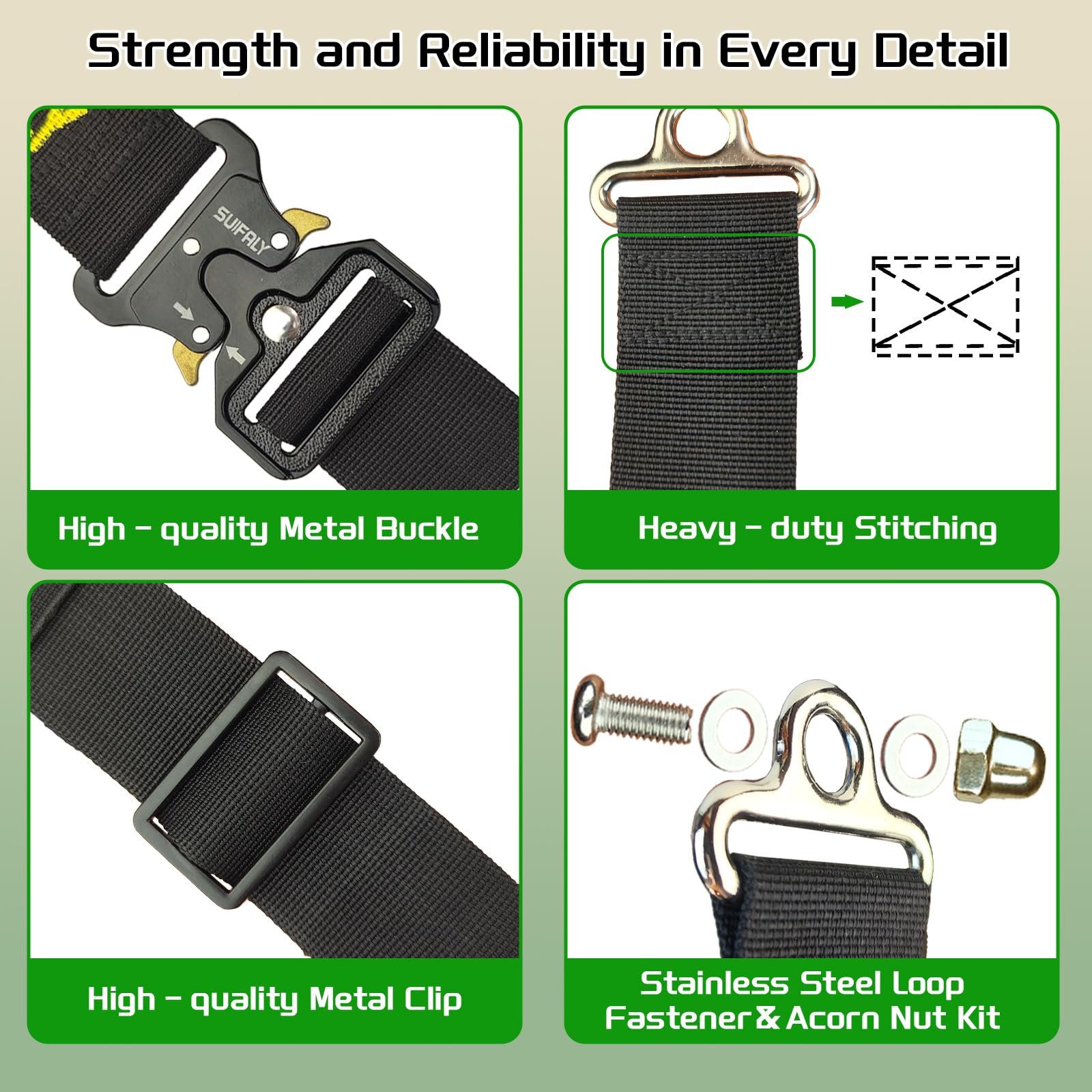 suifaly metal hooks and buckle detail for secure hold