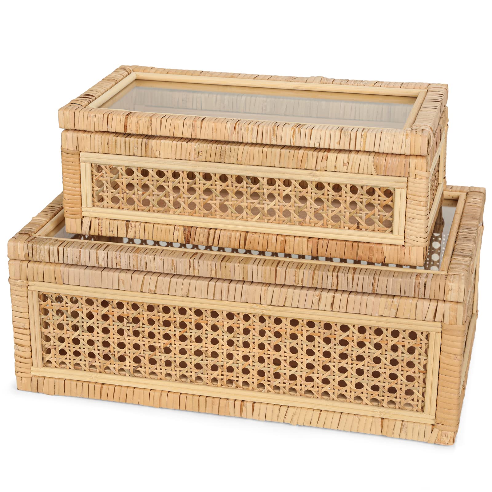 SUJUN front view of both rattan display boxes showing boho styling and organization benefit