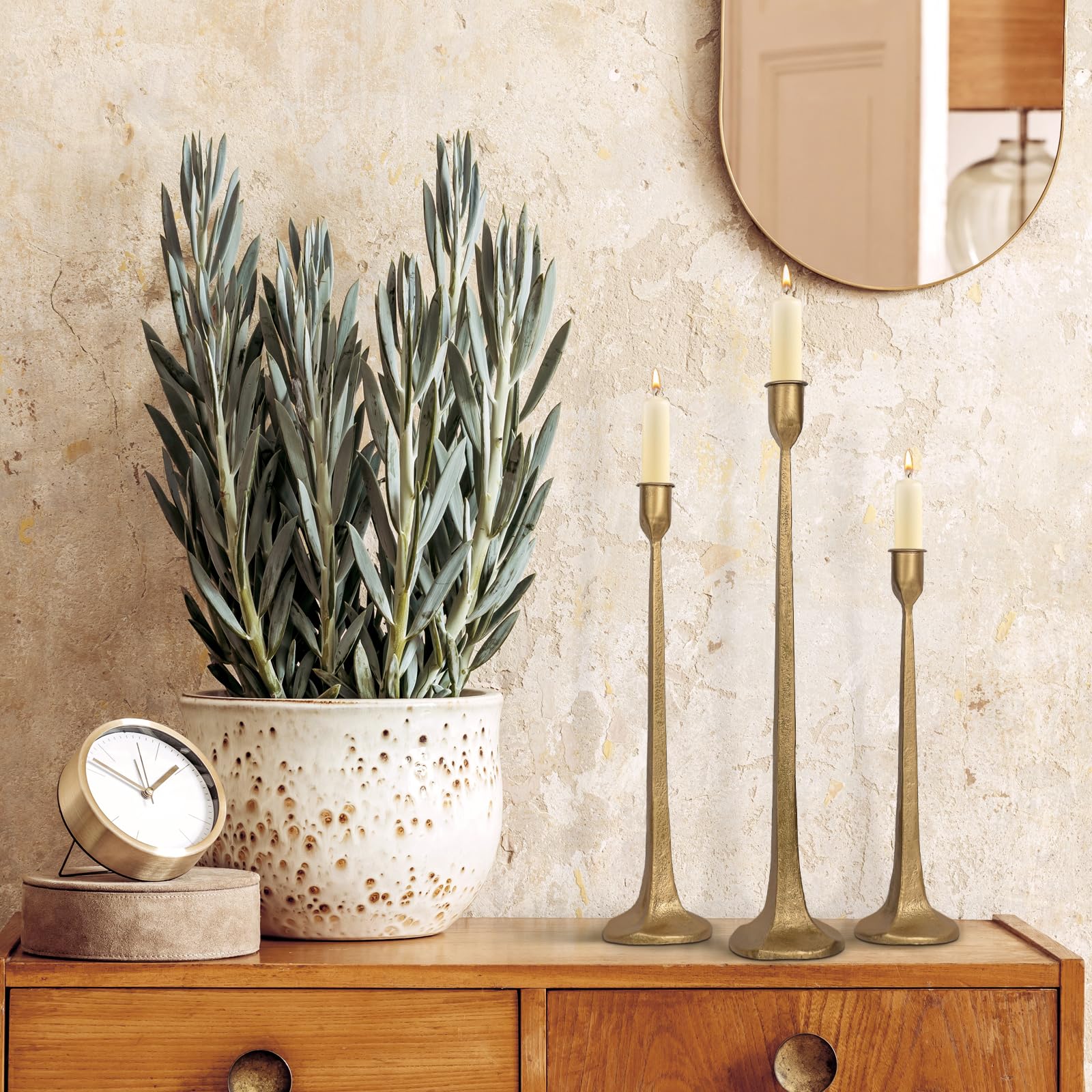 SUJUN single taper candle in holder demonstrating secure fit and ambient light