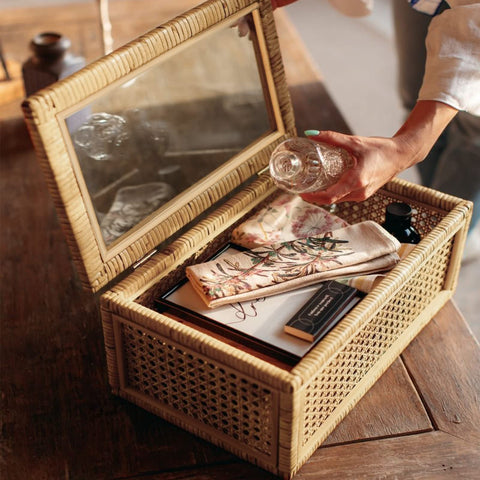 SUJUN boxes styled on living room shelf showing decor enhancement and layered display benefit