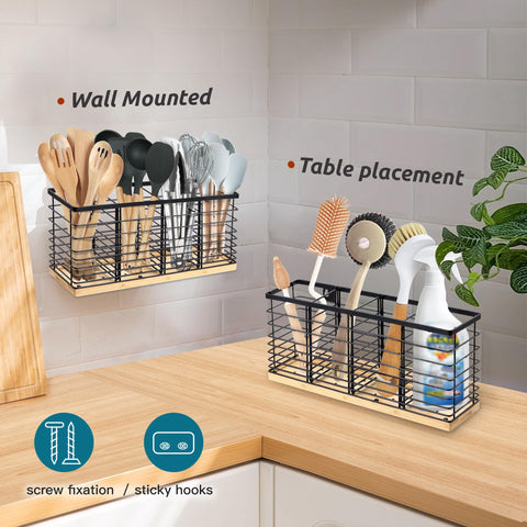 Suli mounted on wall saving counter space while displaying utensils neatly