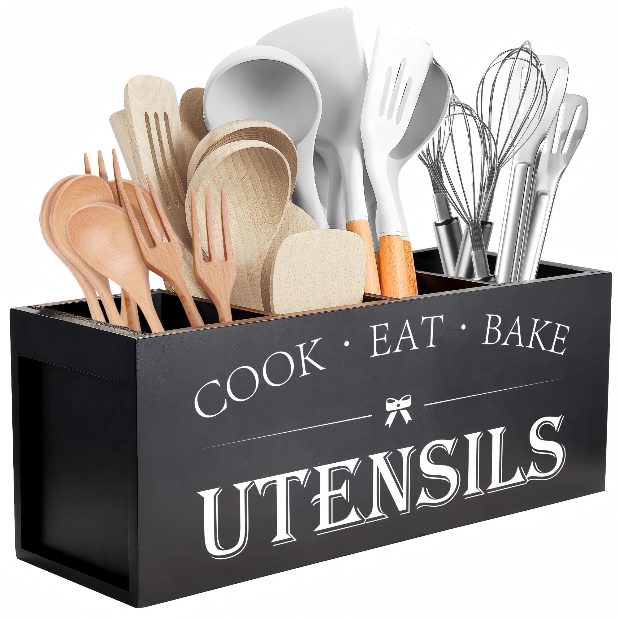 Suli wooden utensil holder front view showing four compartments and tidy storage benefit