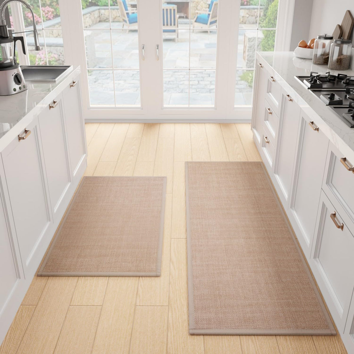 SUMLANS front view showing camel two-piece mat set protecting kitchen floor