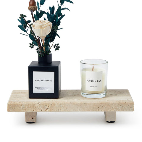 Sumlus travertine tray front view shows sleek polished stone and organized display benefit