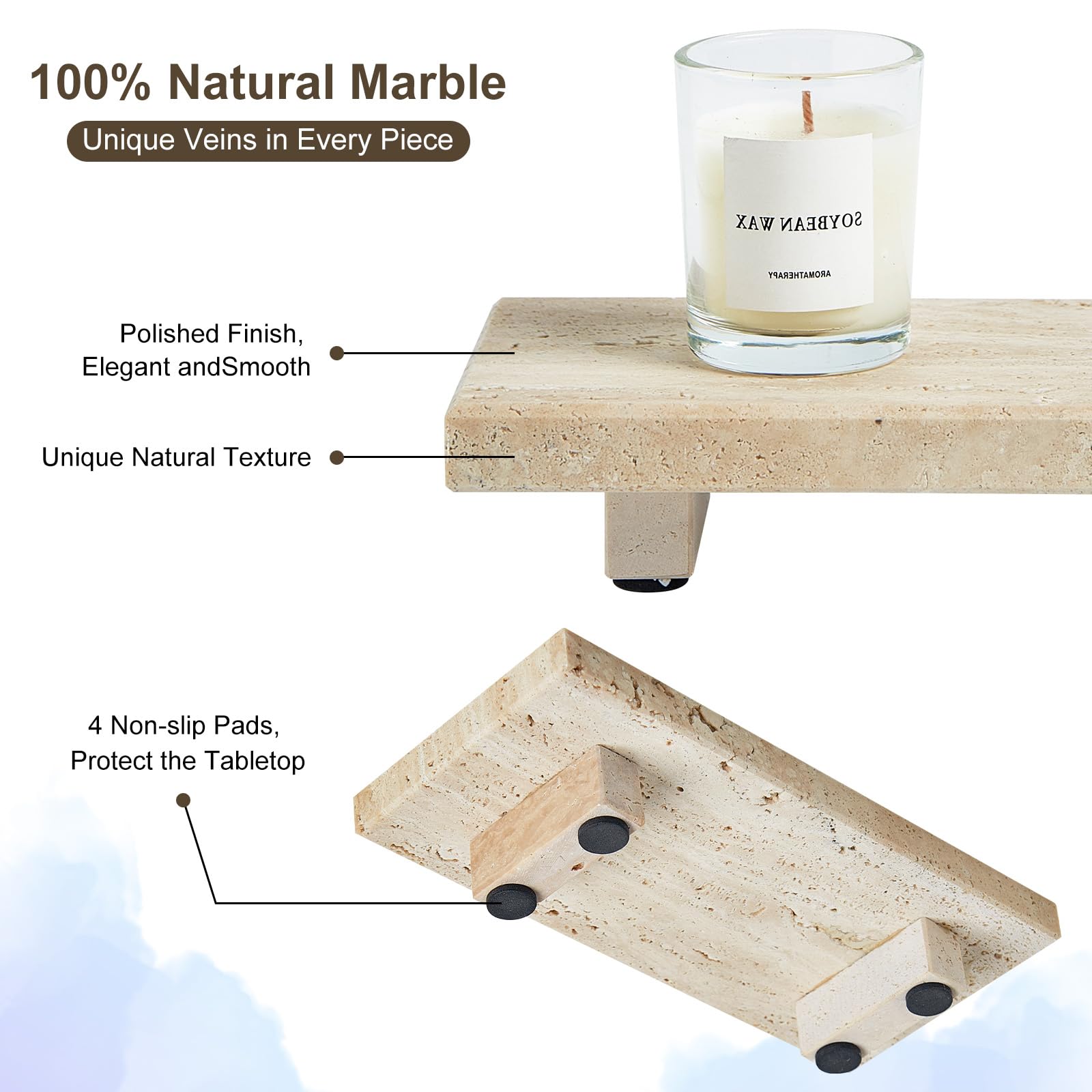 Sumlus travertine tray side profile illustrates compact height and space-saving advantage