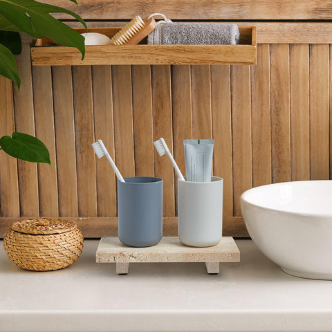 Sumlus travertine tray under cupboard scale comparison shows small footprint and fit advantage