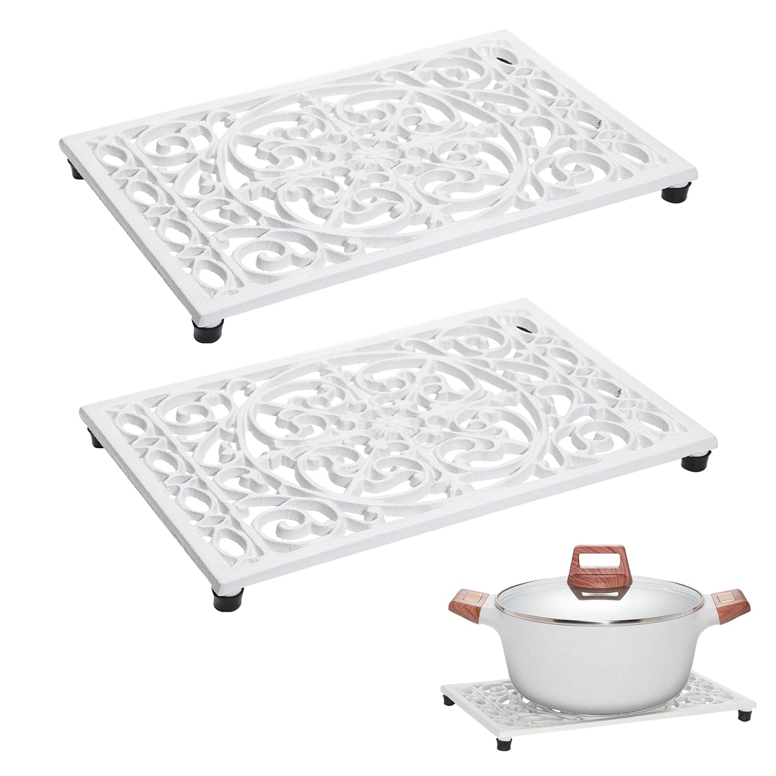 Sumnacon trivet front view showing vintage white finish and sturdy shape for surface protection