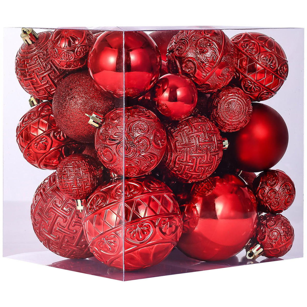 SUMPTUX front packaging showing 36 red ornaments and included hooks for quick decorating