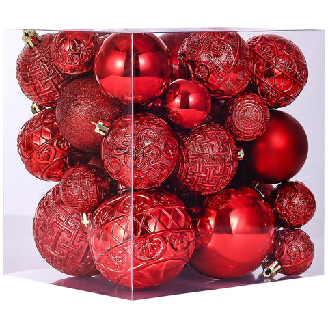 SUMPTUX front packaging showing 36 red ornaments and included hooks for quick decorating
