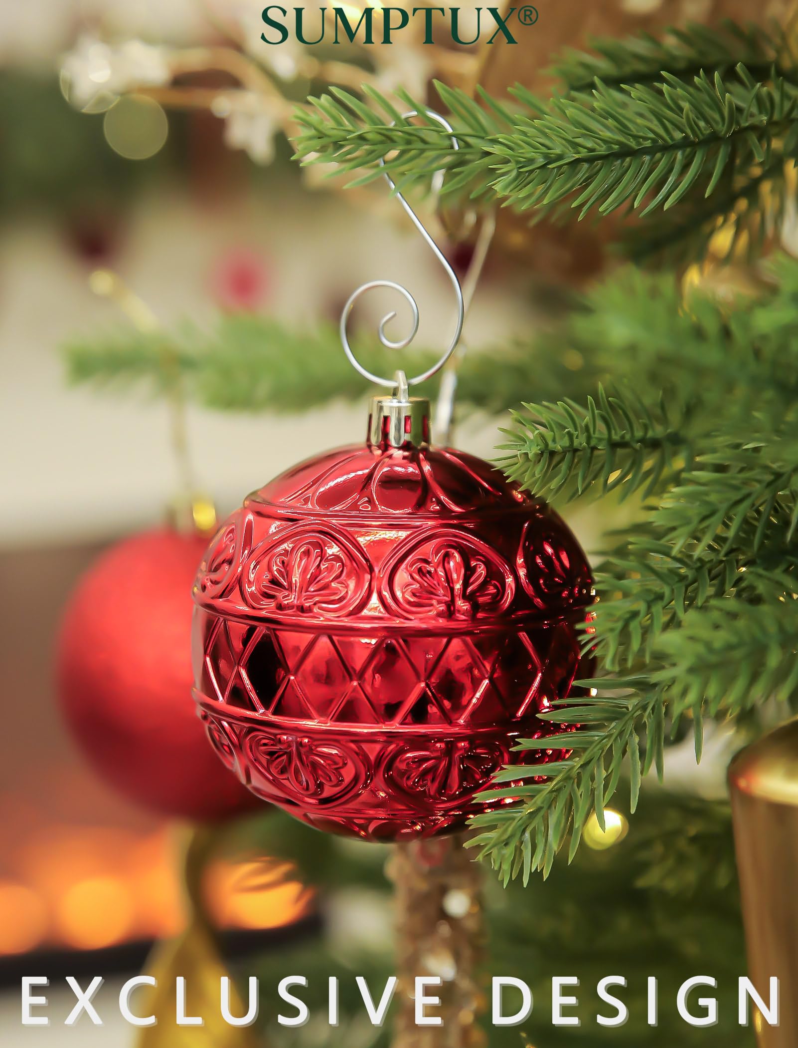 SUMPTUX assorted small, medium, large ornaments hung on a Christmas tree for layered effect