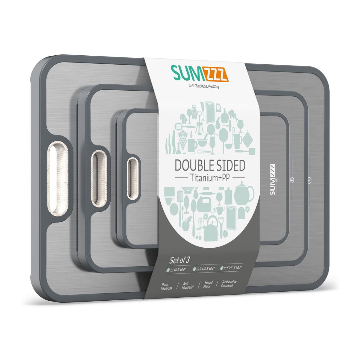 Sumzzz titanium cutting board front view shows clean durable surface and easy maintenance